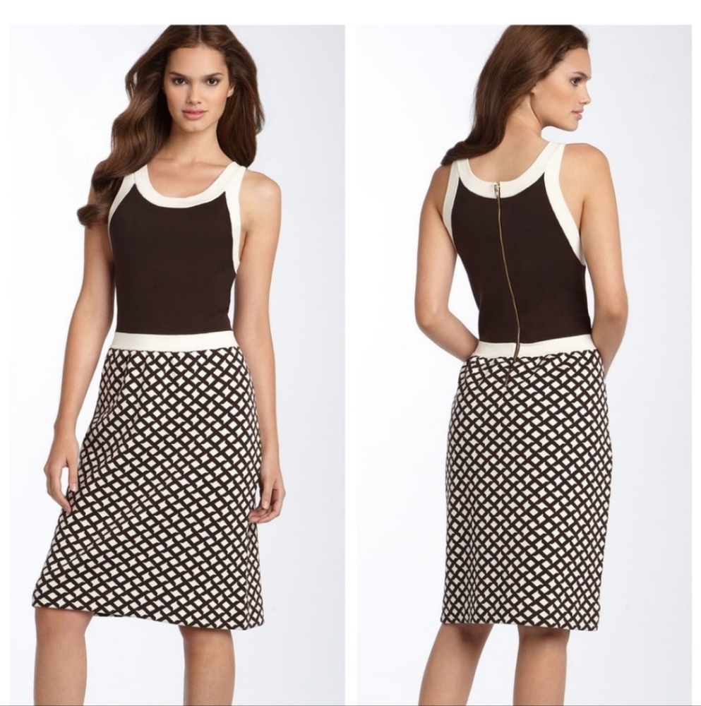 Kate Spade Bari Sweater Dress Silk Cashmere Blend Check Brown Cream Medium